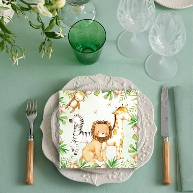 PACK OF 20 NAPKINS CHILDREN'S BIRTHDAY, JUNGLE DECORATION NAPKINS, WILD ONE BIRTHDAY DECORATION PAPER NAPKINS, NAPKINS FOREST ANIMALS, DISPOSABLE NAPKINS FOR FOREST ANIMALS BIRTHDAY PARTY, 33 X - Image 5